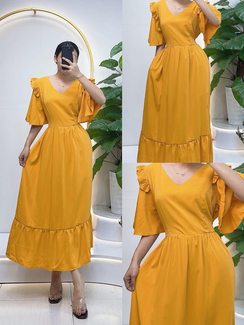 V-Neck Ruffle Sleeve Midi Dress - Mustard Yellow